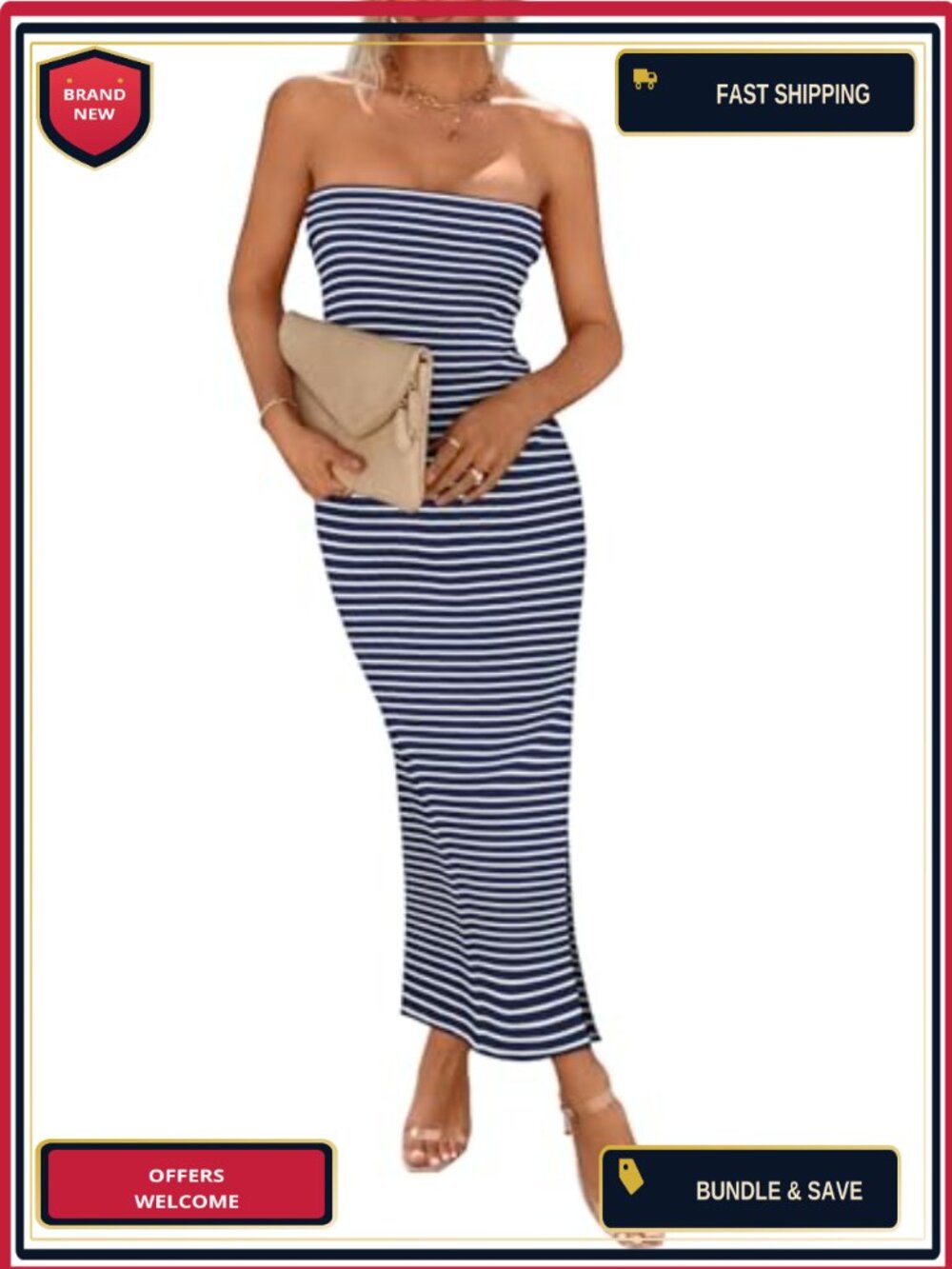 Strapless Ribbed Bodycon Maxi Dress with Side Slit